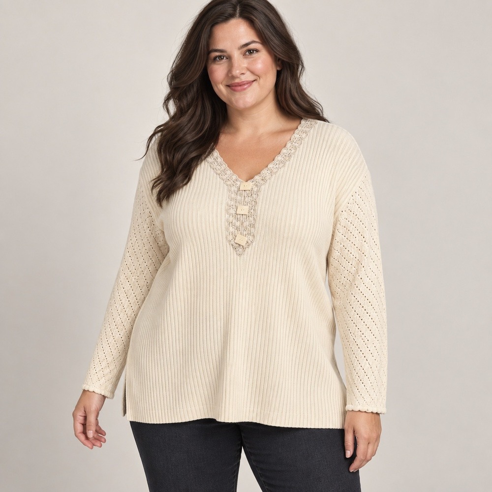 Coldwater Creek Lace Trim V-Neck Sweater 3X Cream Cotton Lightweight Minimalist